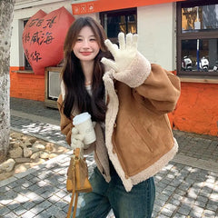 Horn Button Hooded Lamb Fur Coat Clothing Coats Loose Thick Suede Brown Short Jacket