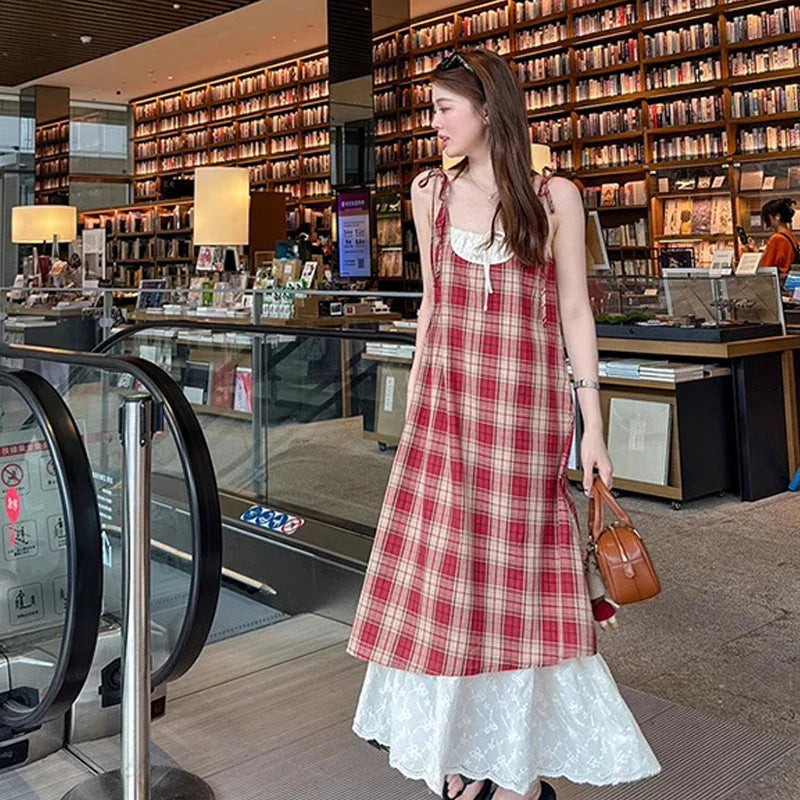 Plaid Fake Two Piece Suspender Dress Retro Loose Long Dress
