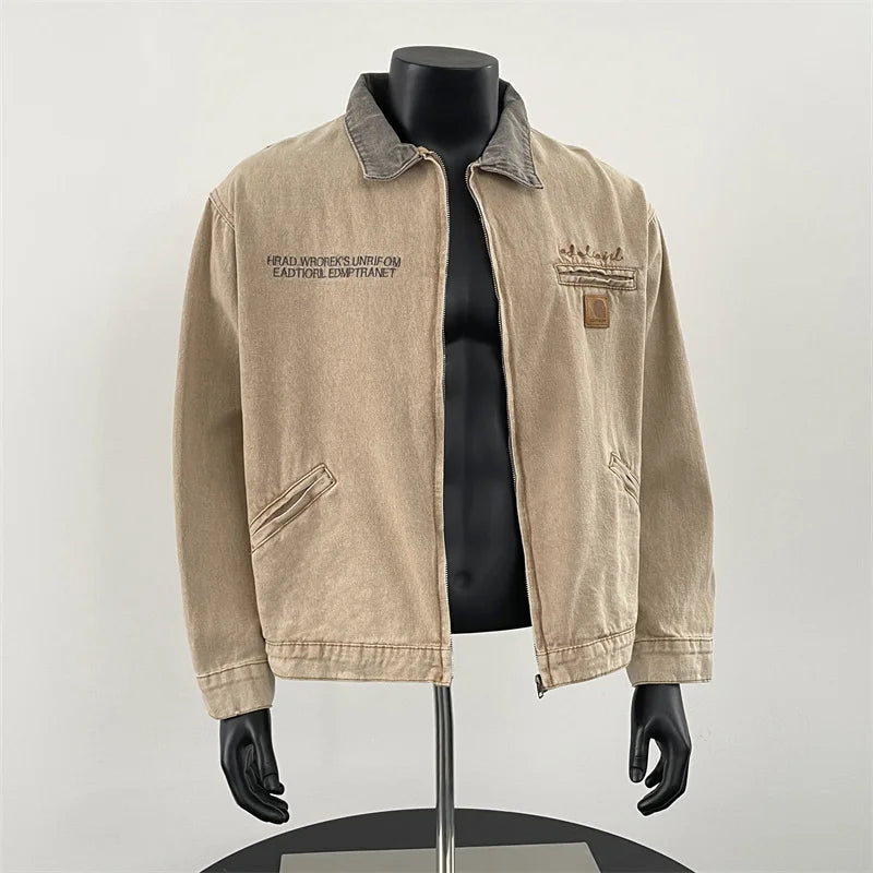 Retro ort Padded oulder Workwear Jaet Sli Cleanfit Zipper Denim Collar Trendy Casual Outerwear