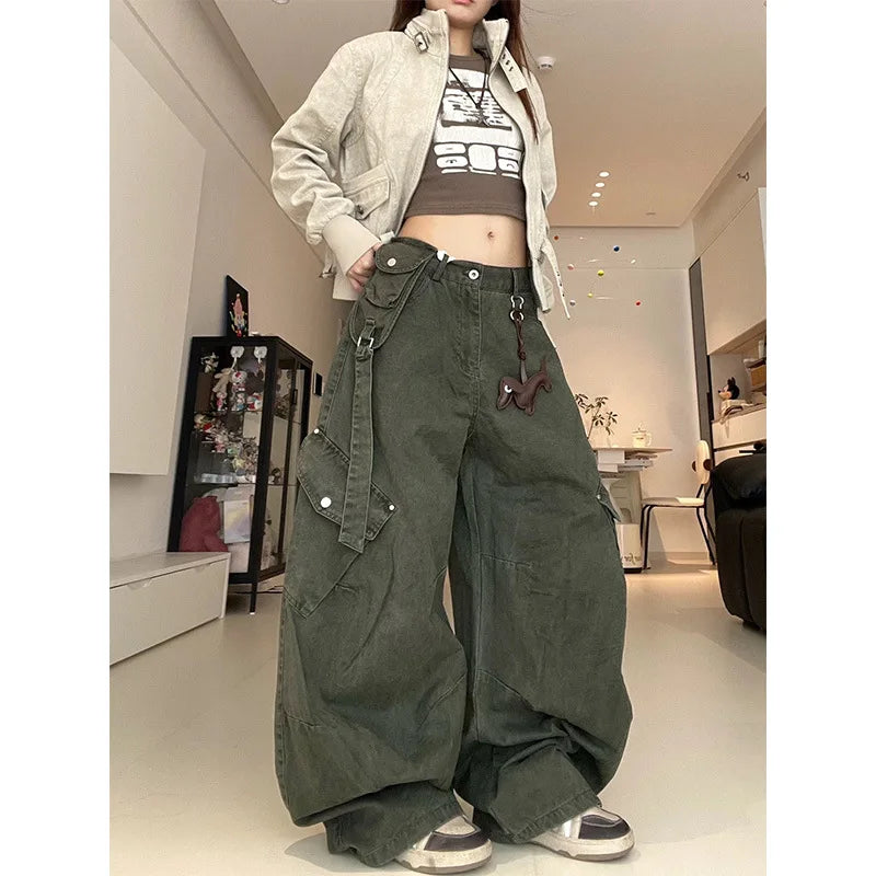Retro Green Work Pants High Waist Wide Leg Loose Fit