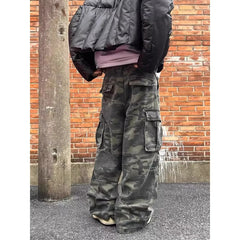 Retro Washed Camouflage Workwear Casual Pants Slim Fit Straight Leg Micro Flared Wide Leg Long Trousers