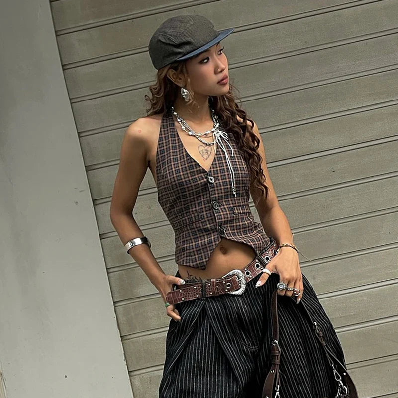 CandyPlaid Print Vintage V-neck Buttons Retro Casual Halter Crop Tops Y2K Daily Sweet Cute Outdoor All-Match Vest