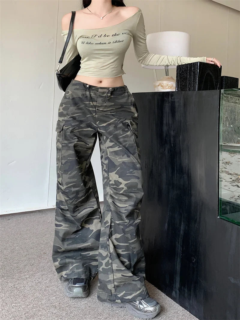 Low Rise Jeans Y2k Ladies American High Street Baggy Pants Camouflage Drawstring Mop Jeans