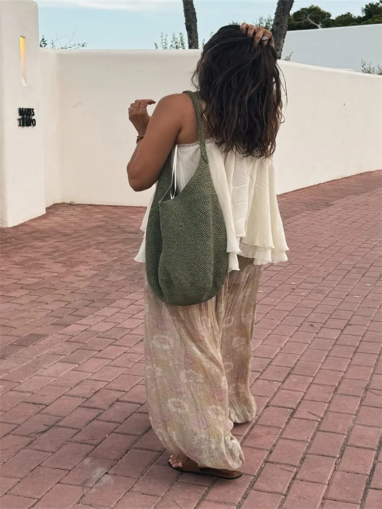 Ruffles Tie Up Pant Suit V-neck Backless Sleeveless Top High Wasit Wide Leg Pants Outfits Lady Beach Wears