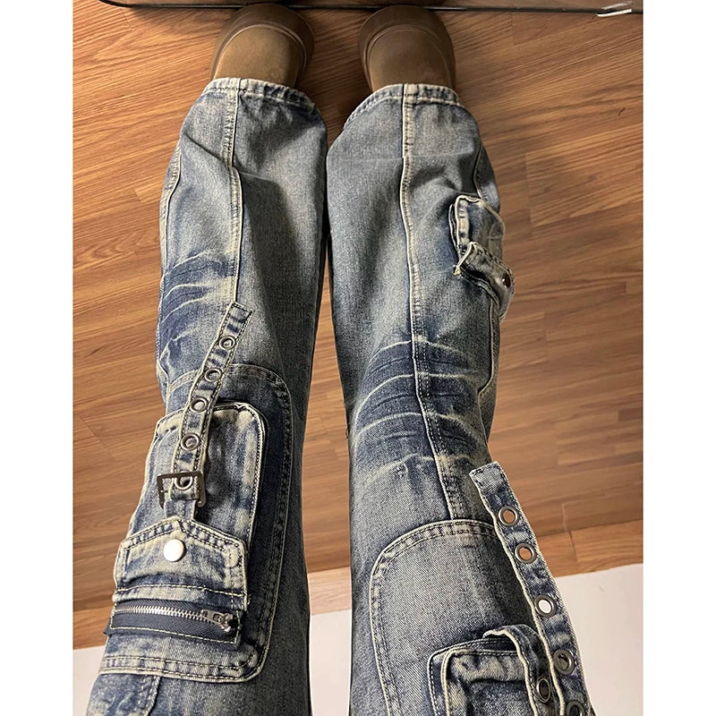 American Vintage Street Style Y2K Jeans High-street Multi-pocket Cargo Flared Floor-grazing Jeans Casual Punk Long Pants