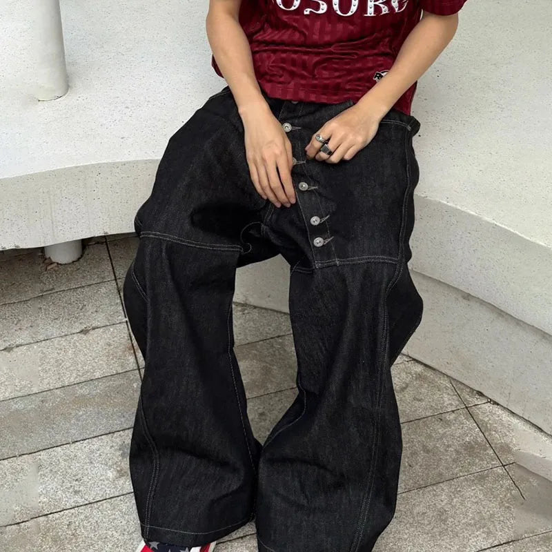 Korean High Street Buckle Curved Jeans Loose Straight Leg Pants Black Wide Leg Pants Casual Pants Hip-Hop Pants