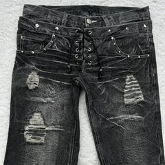 retro double waisted lace up micro flared pants streetwear Y2K washed high-quality design sense