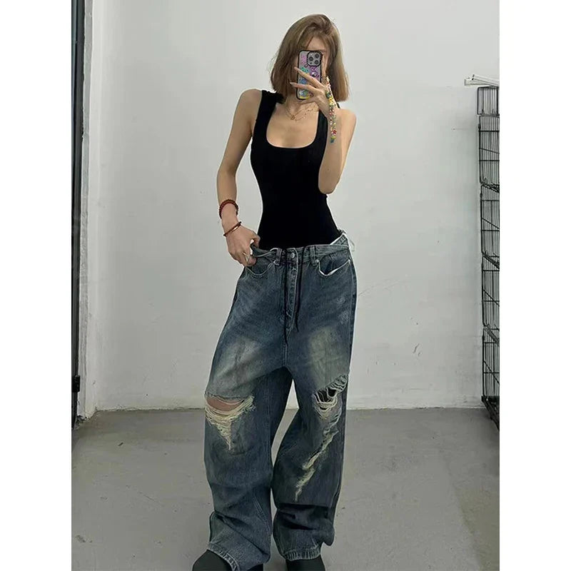 High Waist Ripped Blue Jeans Hip-hop Style Vintage Streetwear Y2K Wide Leg Jean 2000s Trouser Baggy Denim Pants
