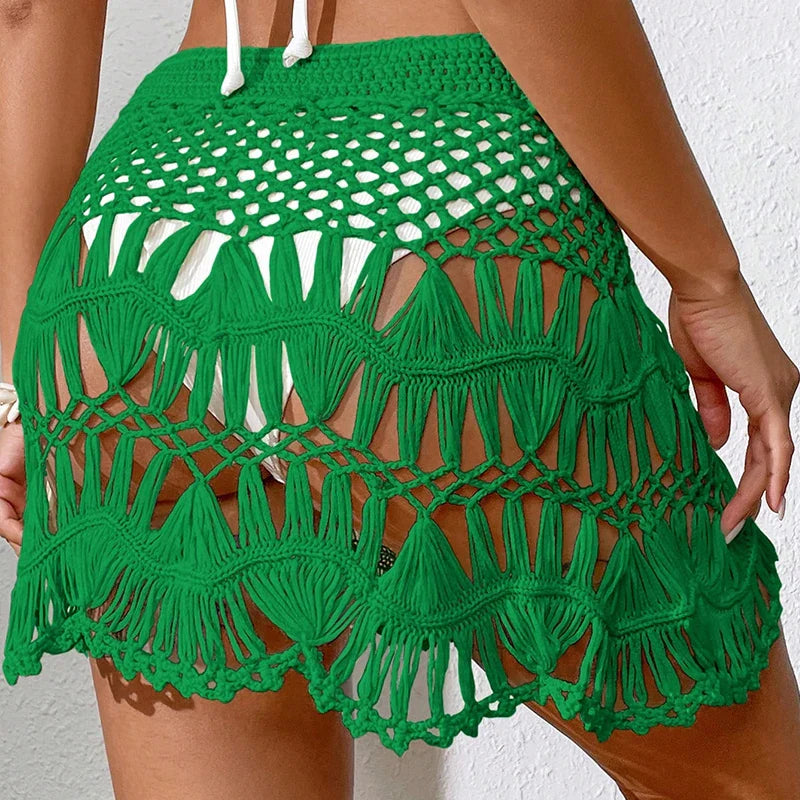 Handmade Crochet Hollow Out Swimwear Cover Up Solid Color Drawstring Short Skirt Holiday Knitting Sweet Beachwear