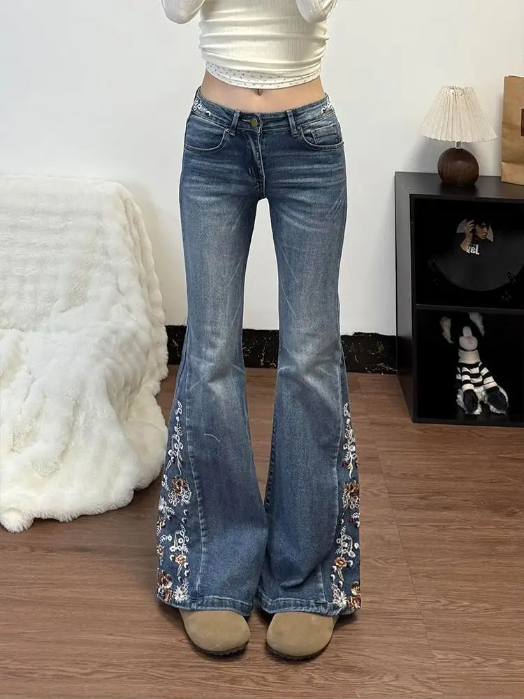 American Large Size Heavy Industry Flower Embroidery Pattern Flared Jeans Mid-Rise Slim Retro Harajuku Floor-Mopping Pants