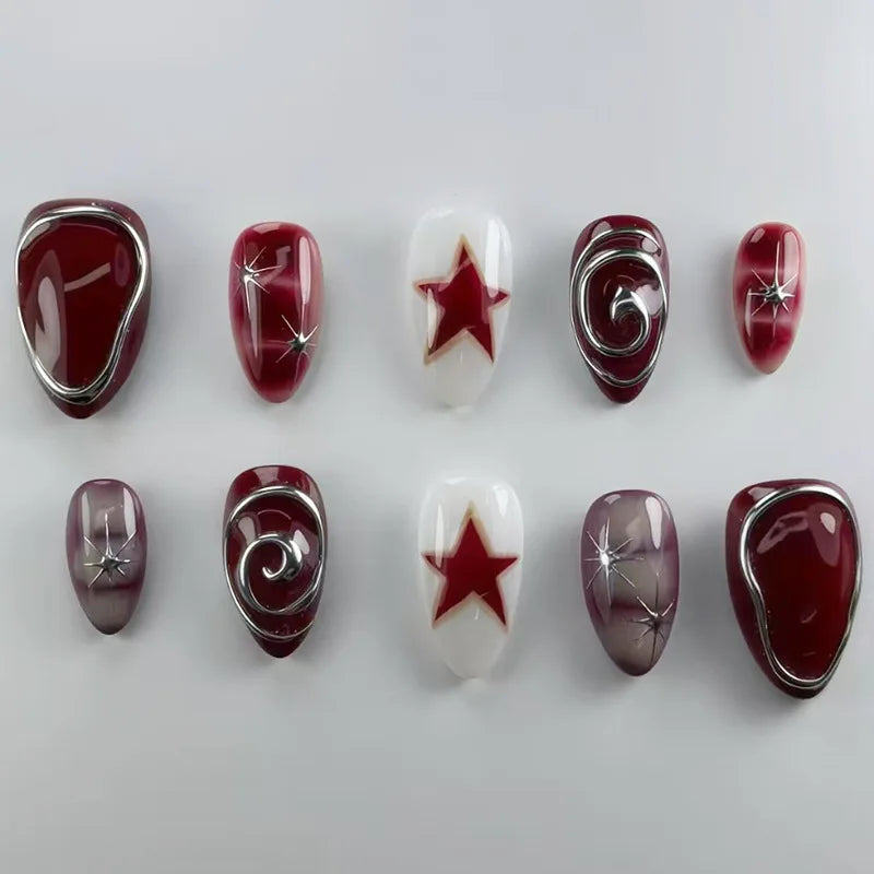 24pcs Short Almond False Nail Art Starlight Rhinestone Design Nails Tip Green Full Cover Nail Set Datachable Press on Fake Nails