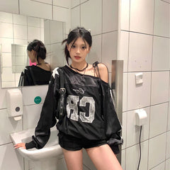 Y2k Lace Letter Hoodie Skew Collar Lace Up Streetwear Hoody Harajuku Vintage Oversized Stripe Long Sleeve Tops
