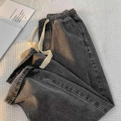 Loose Straight Leg High Waist Elastic Waist Jeans Vintage High Street Trendy Wide Leg Personalized Straight