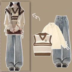 Preppy Style Knit Vest Bandage Shirts Wide Leg Pants Three Piece Set Lady Patchwork Tank Sweater Jeans Suits