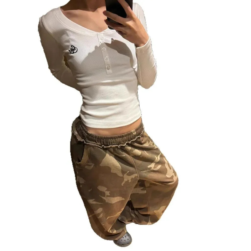 American Style Girl Camouflage Wide Leg Pants Straight Casual Loose Sports Sweatpants Design Long