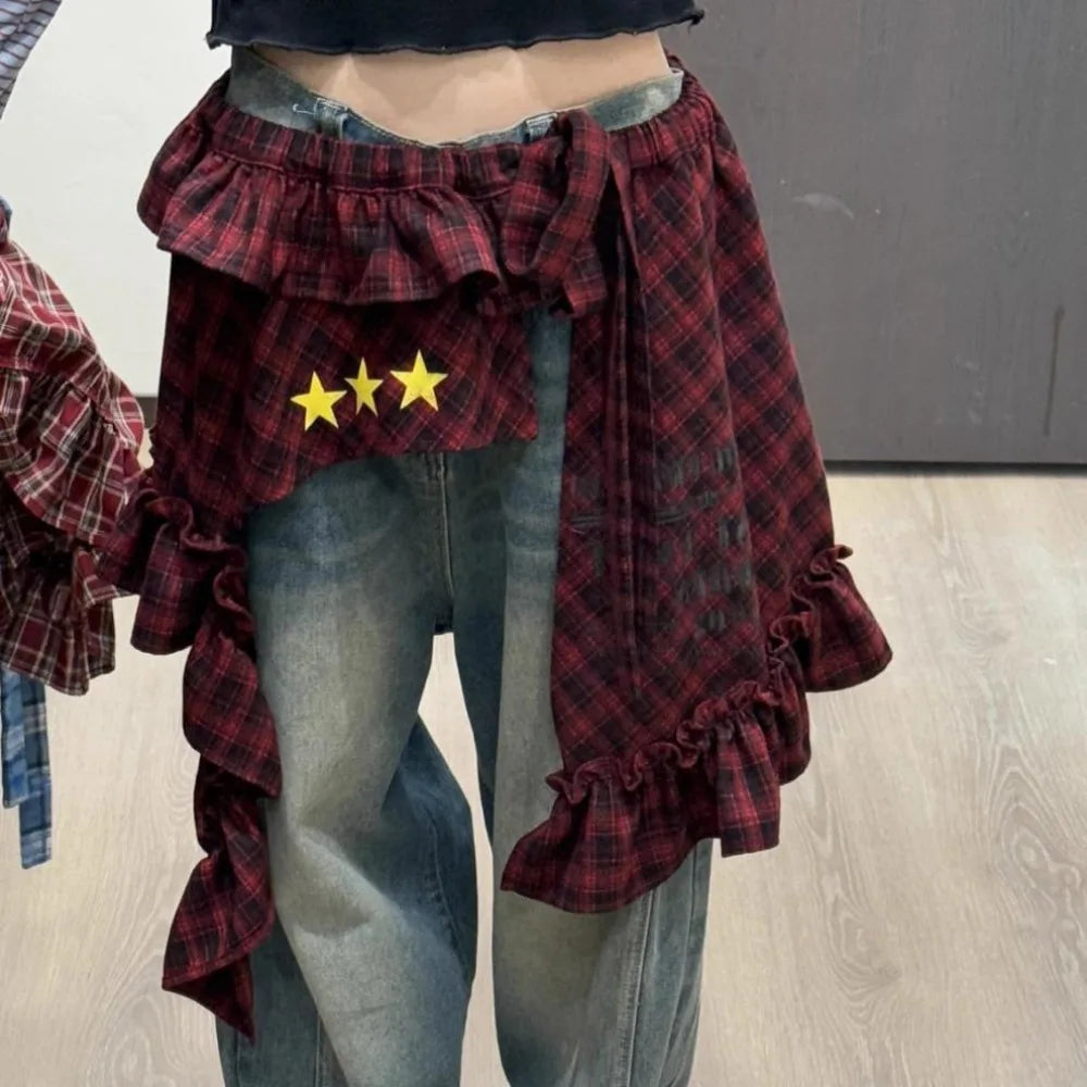Adjustable Star Layer Outfits Plaid Skirt Hip-hop Sweet Lace Up Hip Scarf Korean Style Y2K Ruffled Edge Waistband Jeans Decor