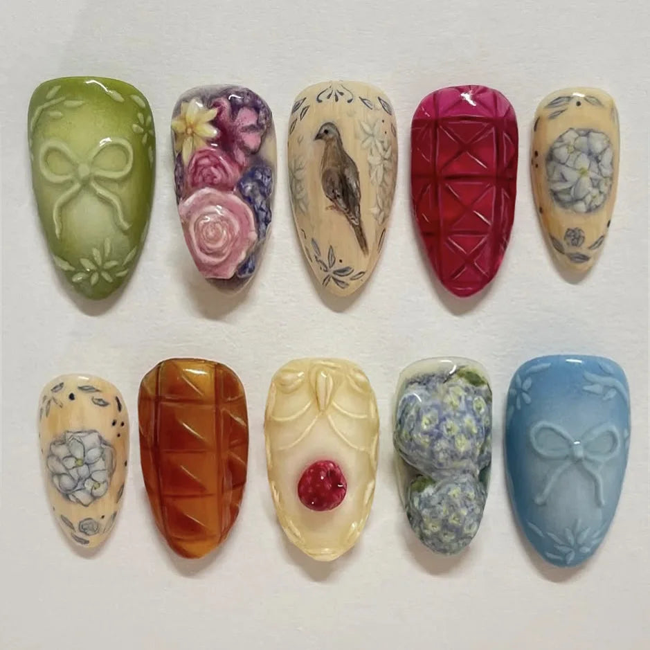24pcs Flower Print Press on Nails Wine Red Blush Almond False Nail Tips Wearable Reusable Spicy Girl Fake Nails