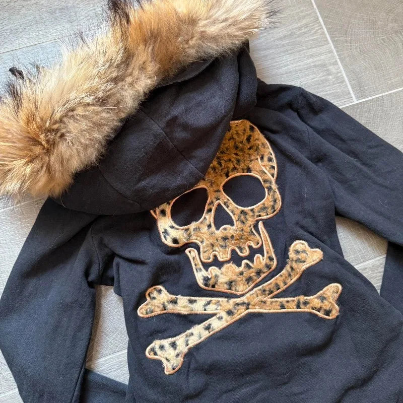 Skull Embroidery Super Leopard Hooded Sweater Y2K Gothic Hip Hop Casual Joker Sweatshirt