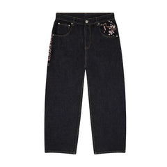 Y2k Trendy Baggy Jeans Harajuku Retro Blossom Embroidery Pants Gothic High Street Streetwear Unisex Straight Denim Trousers