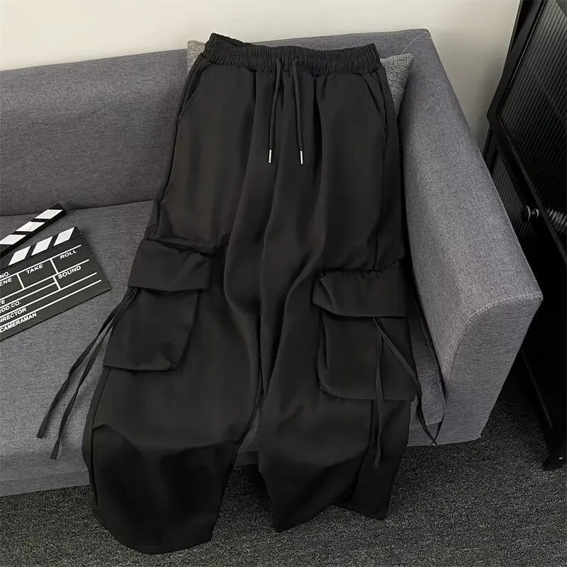 Oversized Pocket High Street Pant Black Vintage High Waist Pants Retro Casual Streetwear Loose Jogger Trousers