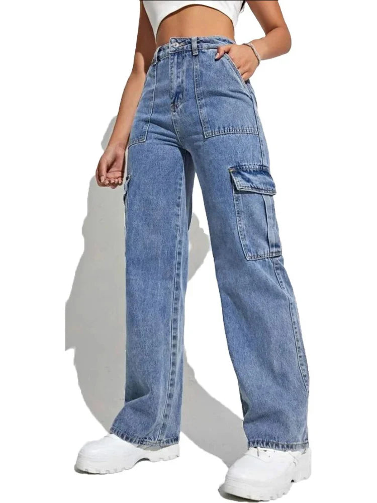 Korean Wide Leg Baggy Jeans Lady Chic Y2K Punk High Waist Cargo Denim Pants Streetwear Pockets Trashy Skater Trousers