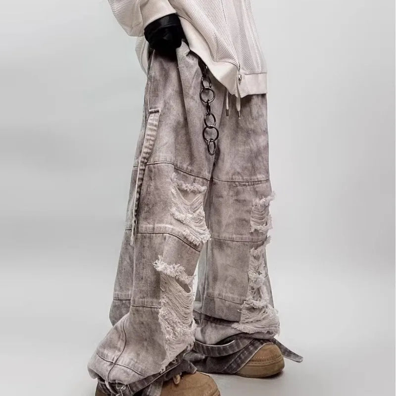 Hip-hop street clothing wasteland style tie-dye ripped jeans