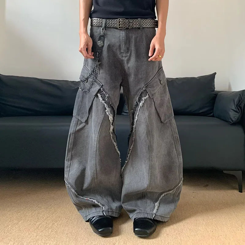 /Korean Vintage Splicing Hairy Zipper Micro Horn Jeans Loose Straight Leg Pants High Street Jeans