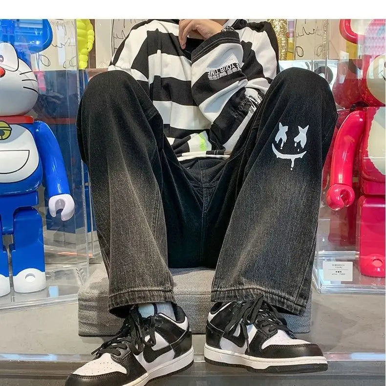 Harajuku Smile Print Baggy Pants Streetwear Wide Leg Oversize Jeans Vintage Y2k Straight Long Trousers Male