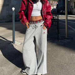 American Retro College Style Loose Fit Two-Piece Set with Double Waist Head Fake Bathroom Pants