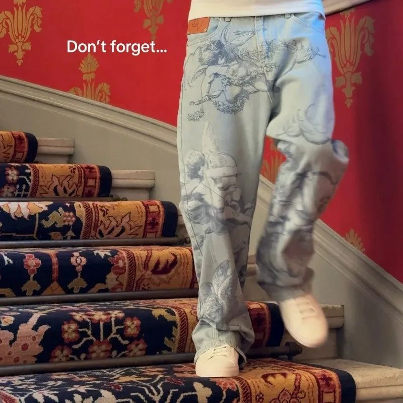 Y2k Retro Baggy Jeans Trendy Cupid Angel Pattern Pants American Hip Hop Streetwear Unisex Casual Straight Leg Jeans