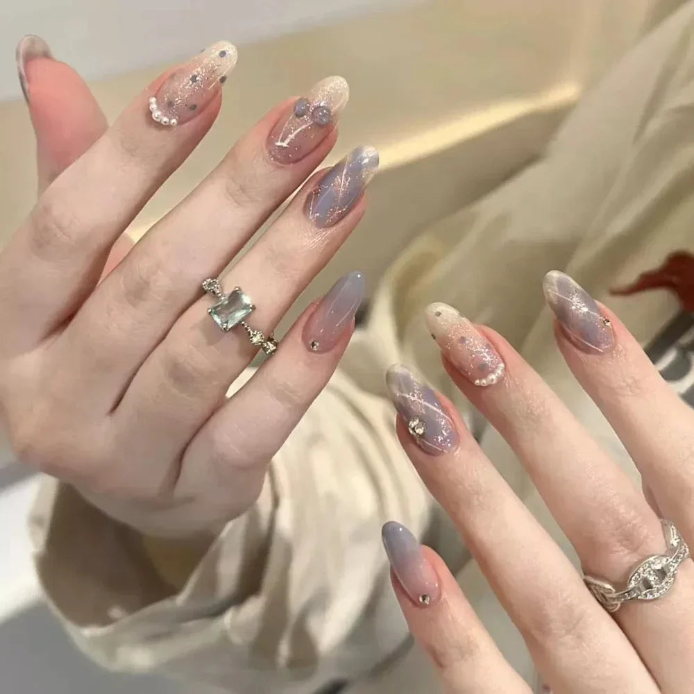 10Pcs Gentle Handwork Press On Nails French Style Flowers Butterfly Rhinestone Pearl Design Detachable False Nails Gift