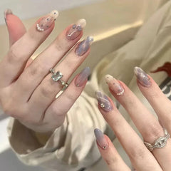 10Pcs Gentle Handwork Press On Nails French Style Flowers Butterfly Rhinestone Pearl Design Detachable False Nails Gift