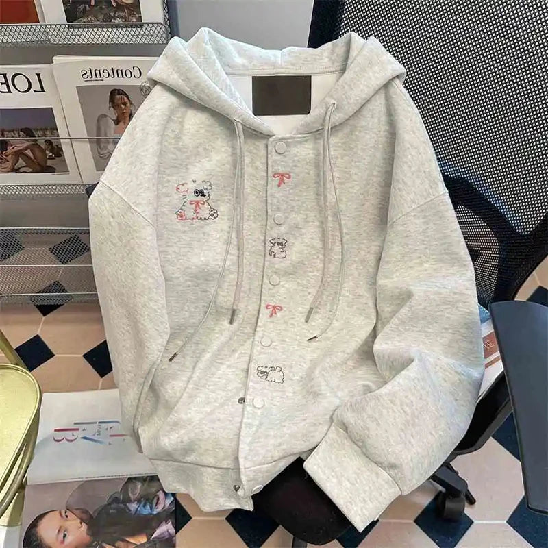 Sweet Puppy Embroidery Hoodies Preppy Loose Casual All Match Hooded Sweatshirts Fall Cute Streetwear Lace Up Coats