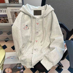 Sweet Puppy Embroidery Hoodies Preppy Loose Casual All Match Hooded Sweatshirts Fall Cute Streetwear Lace Up Coats