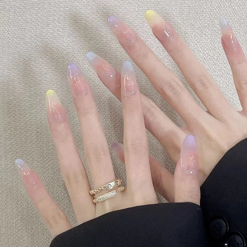 24Pcs Almond Pure Handmade Press On Nails Full Cover Butterfly French Pearl Diamond False Nails Wearable Manicure Nail Tips Art