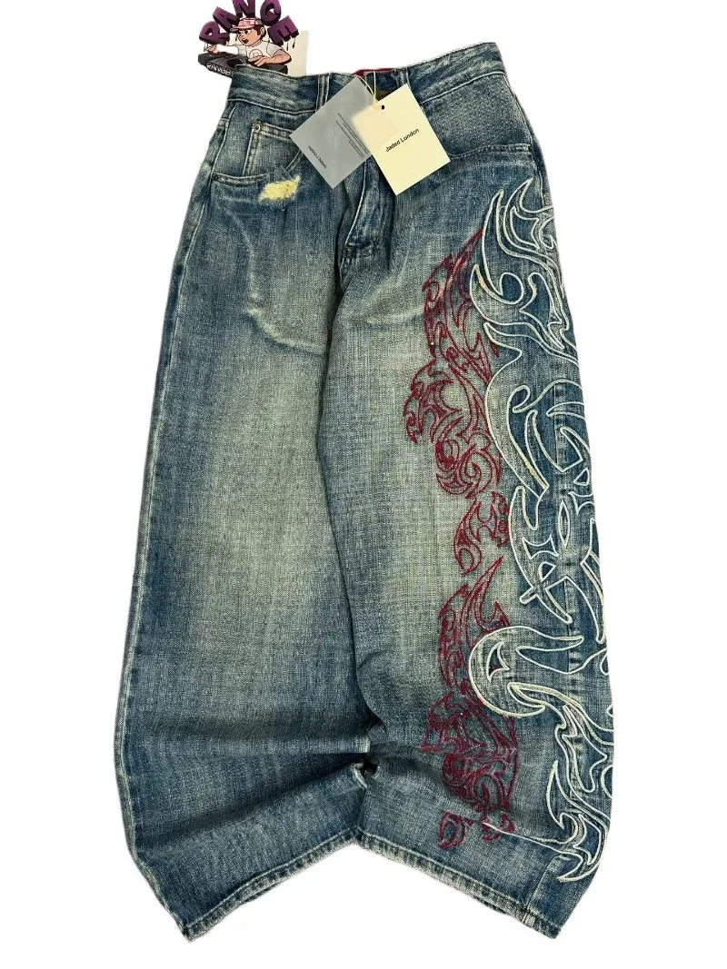 American Y2K Pattern Embroidery Baggy Jeans High Street Vintage Hip Hop Casual Joker Couple Wide-leg Pants