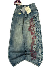 American Y2K Pattern Embroidery Baggy Jeans High Street Vintage Hip Hop Casual Joker Couple Wide-leg Pants