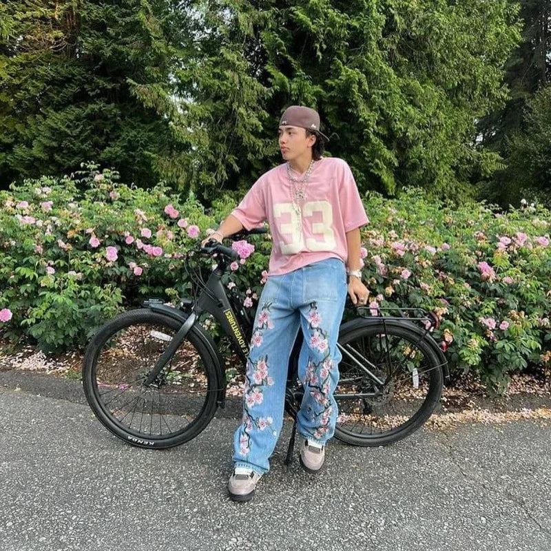 Y2K Baggy Jeans Harajuku vintage cherry blossom Embroidery jeans streetwear Hip Hop gothic wide leg jeans