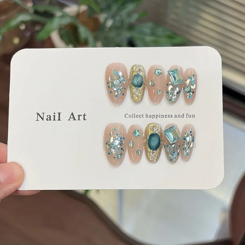 10Pcs Handmade Nude Color Press On Nails Sparkling Cat-Eye Cherry Star Marine Elements Sequins Cute Girlish Nail Suitable