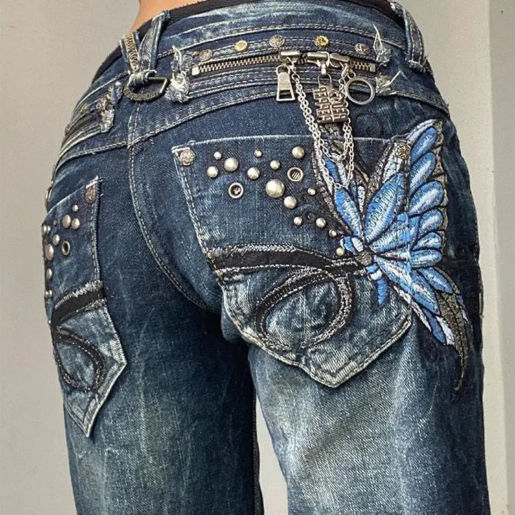 Embroidered Jeans Y2K Millennium Harajuku Slim Flared Jeans American High Street Large Size Butterfly