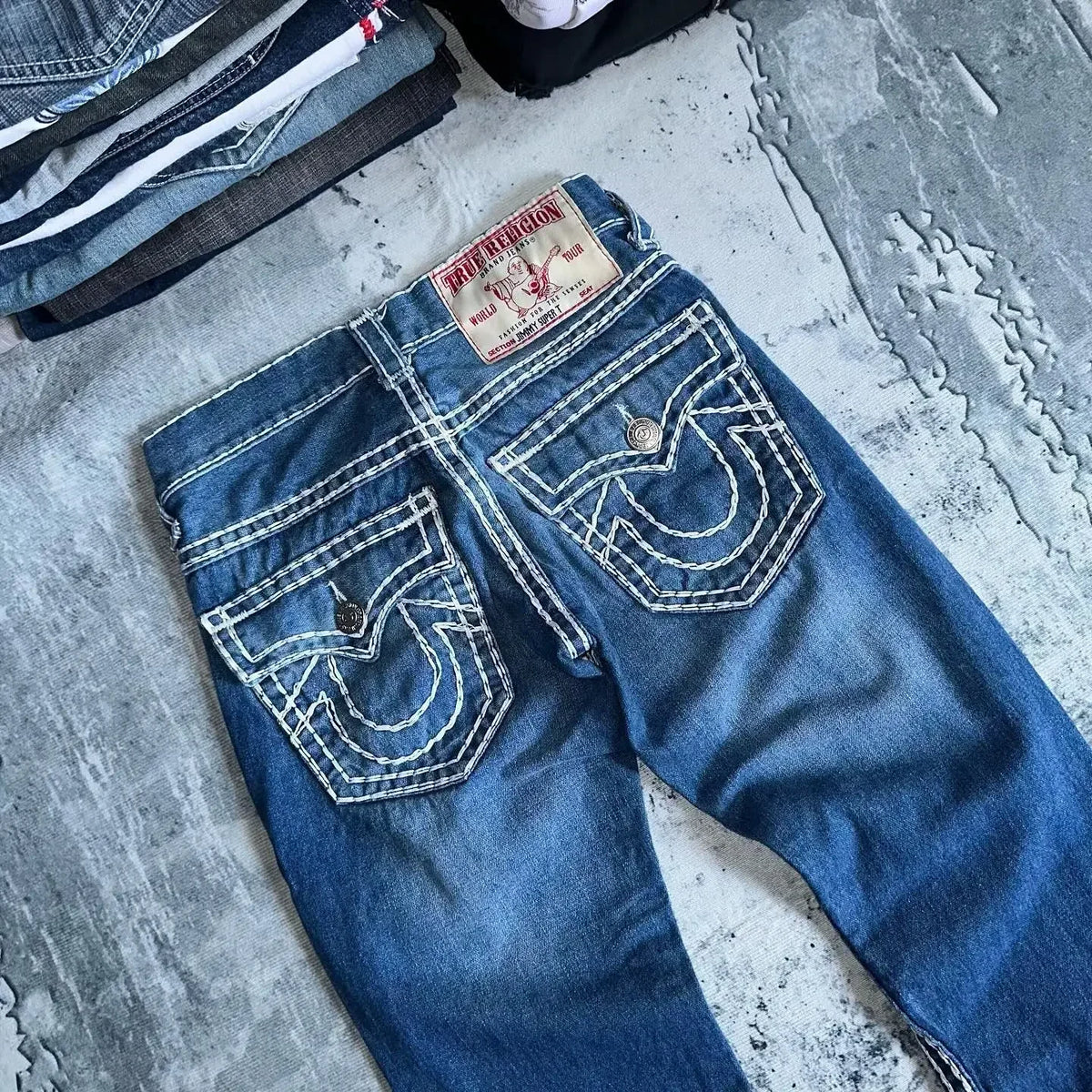 Harajuku Gothic Retro Pocket Embroidered Blue Baggy Jeans Buddha Embroidery Logo Jeans Y2K Low Waist Wide Leg Trousers