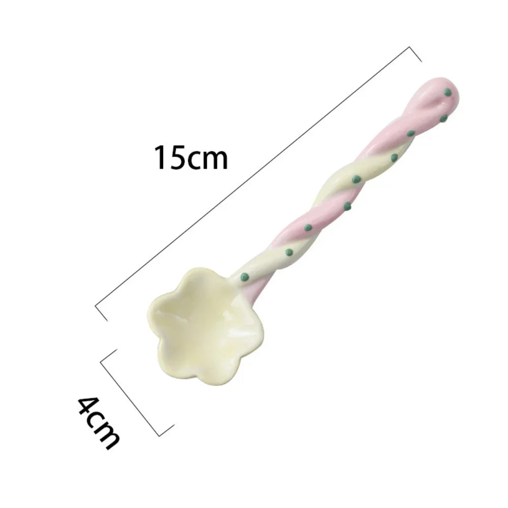 Ceramics Long Handled Spoon Instagram Style Household Stirring Spoon Hand Painted Flower Shaped Coffee Spoon