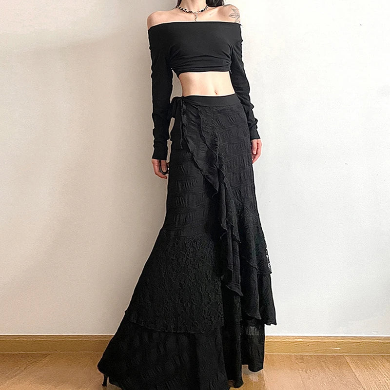Y2K Black Long Skirt Harajuku Gothic Lace Asymmetrical Maxi Skirts Korean Ruffles Patchwork Bandage Design Faldas