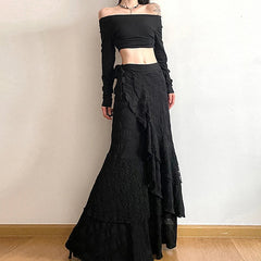 Y2K Black Long Skirt Harajuku Gothic Lace Asymmetrical Maxi Skirts Korean Ruffles Patchwork Bandage Design Faldas
