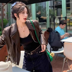 Café Brown PU Leather Jacket Short Loose Retro Long Sleeve Motorcycle Jacket Top