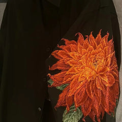 Yamamoto Style Red Flower Shirt Japanese Elongated Dark Embroidered Floral Top Unisex Loose Fitting Long Sleeved Shirts