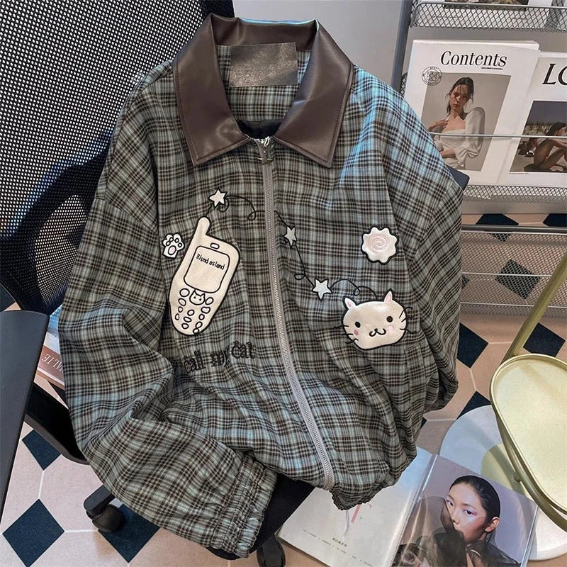 American Sweet Plaid Patchwork Jacket Long Sleeve Fall Zip Loose Coat Harajuku Y2K Casual Lazy Kawaii Street Top