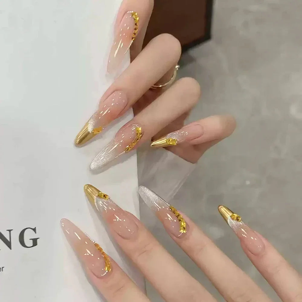 10Pcs Gentle Handwork Press On Nails French Style Flowers Butterfly Rhinestone Pearl Design Detachable False Nails Gift