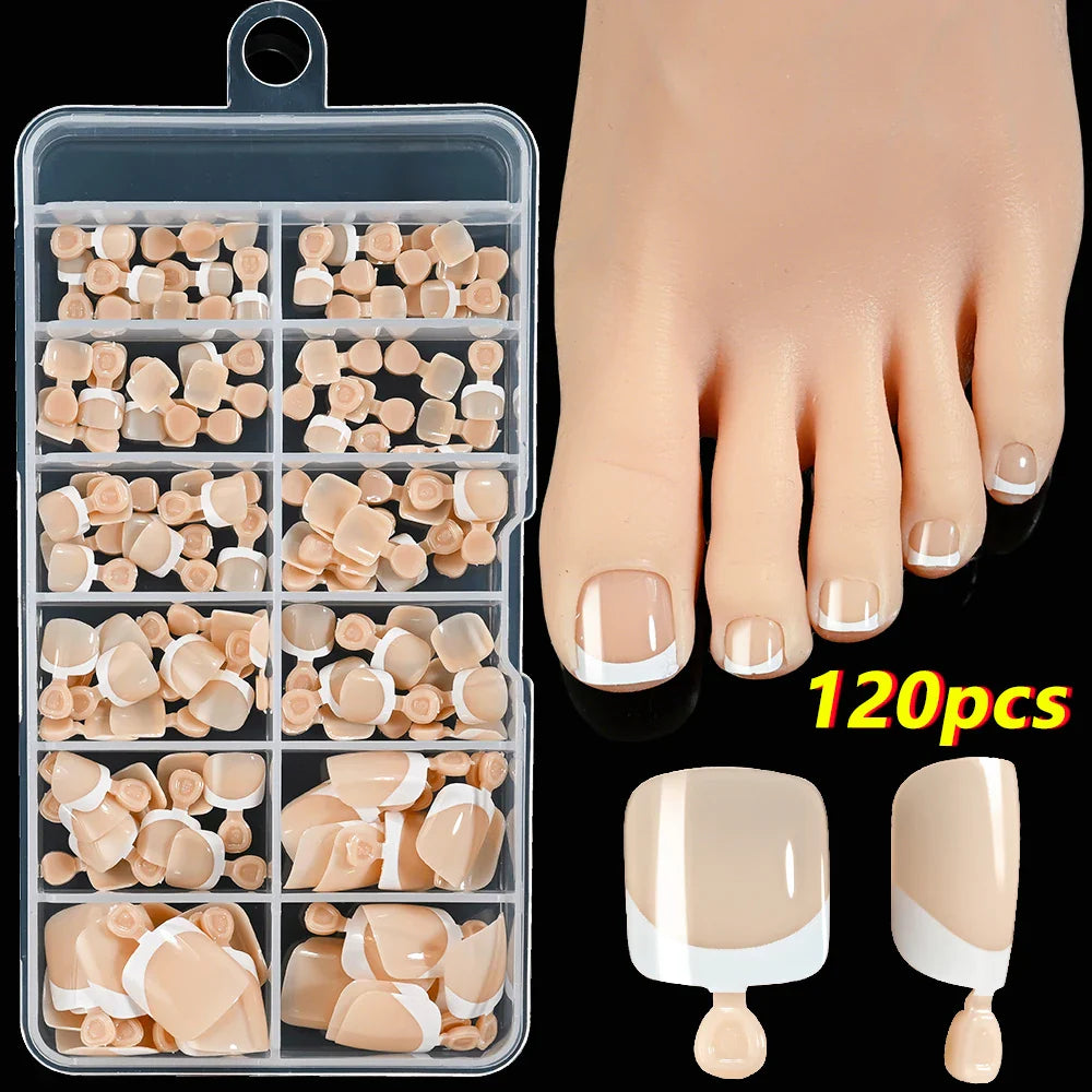 120Pcs Pink French Short Square Fake Nails 12-Sizes Full Cover Press On Nails Wearable Detachable Finished False Fingertips *TD