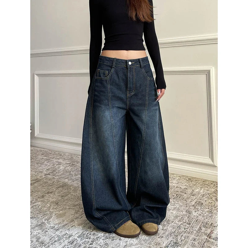 Blue Retro Y2K 2000s Wide Leg Baggy Casual Denim Trouser High Waist Loose Jeans Harajuku Full Length Pants